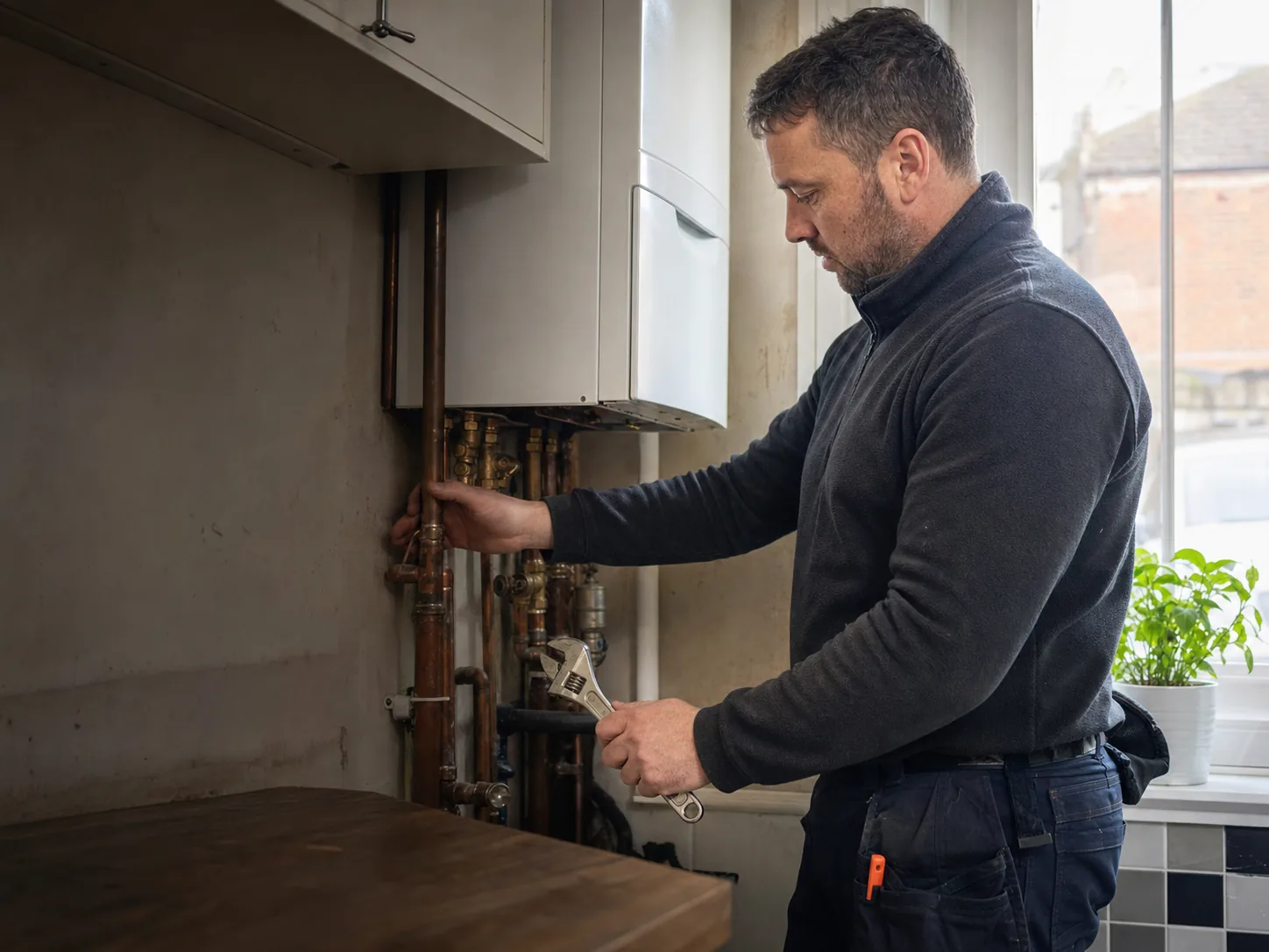 Heating engineer working on a boiler in a UK home